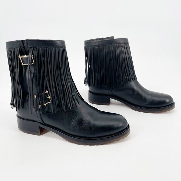 Valentino Garavani Black Leather Fringe Rockstud Biker Moto Combat Boot EU 40 - Picture 1 of 13